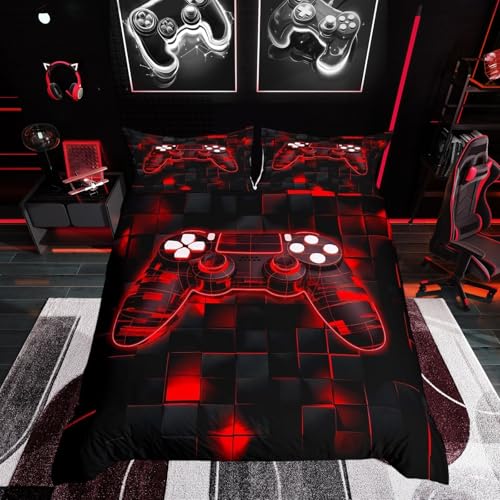 Homewish Game Housse de Couette Garcon 200x200 cm avec 2 Taies d'oreiller, Parure de Lit Ado Gaming Sets de Housses de Couettes Enfant Gamer Néon Couvre Lit Carré...