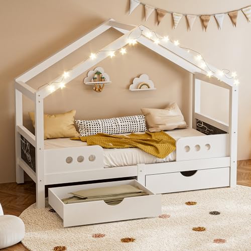 LAKFEW Cama Infantil Montessori 90x200 cm con Protección Anticaída y 2 Cajones, Cama Niño Cuna con Pizarra y Diseño de Techo, Camas Montessori Infantil, Blanco, Sin Colchón