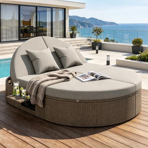 luckdect Chaise Longue Bain de Soleil Double avec Dossier réglable + Table de Jardin en Resine Tressee,Dossier Réglable des 2 Côtés,pour Terrasse ou...