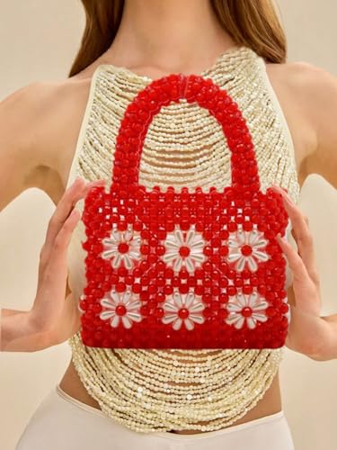 Image of Women Beaded Handbags Elegant Handmade Weave Purse Crystal Pearl String Tote Bags for Banquet Wedding Cocktail