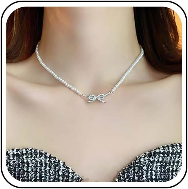 Andelaisi Boho Pearl Necklace Choker Pearl Bow Chain Choker Necklace Round Imitation Pearl Chain Necklace Wedding Bridal Pearl Necklace Chain for Women(Style A)