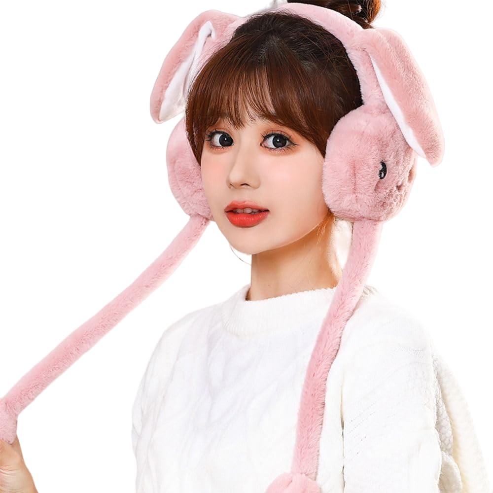 Kids Winter Earmuffs With Moving Rabbit Ear Cover for Women Girls Woolen Plush Casual Ear Warmer Fashion Accessories Windproof Ear Muff Headphone
