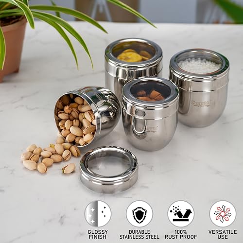 Image of Sumeet Stainless Steel Conical Shape Canisters /Dabba /Storage Containers for Kitchen with See Through Lid, Set of 4 Pcs, (400ml-8.5cm Dia-2Pc & 500ml-9cm Dia-2Pc), Silver
