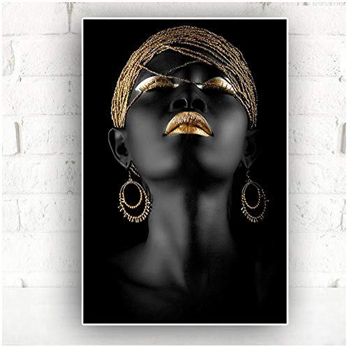 HSFFBHFBH Peintures sur Toile Style Moderne Femme Africaine doré Noir scandinave Affiche et Impression pour Salon décoration Murale Art 60x90cm (24"x35) avec Cadre