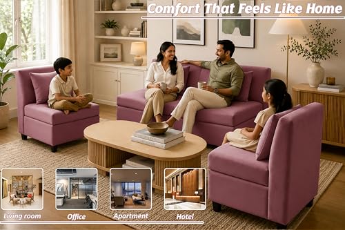 Image of 3+1+1 Modern Velvet Fabric Sofa Set for Living Room | Three Seater Sofa with 2 Single Seater Chairs | for Home, Office| Rose Pink