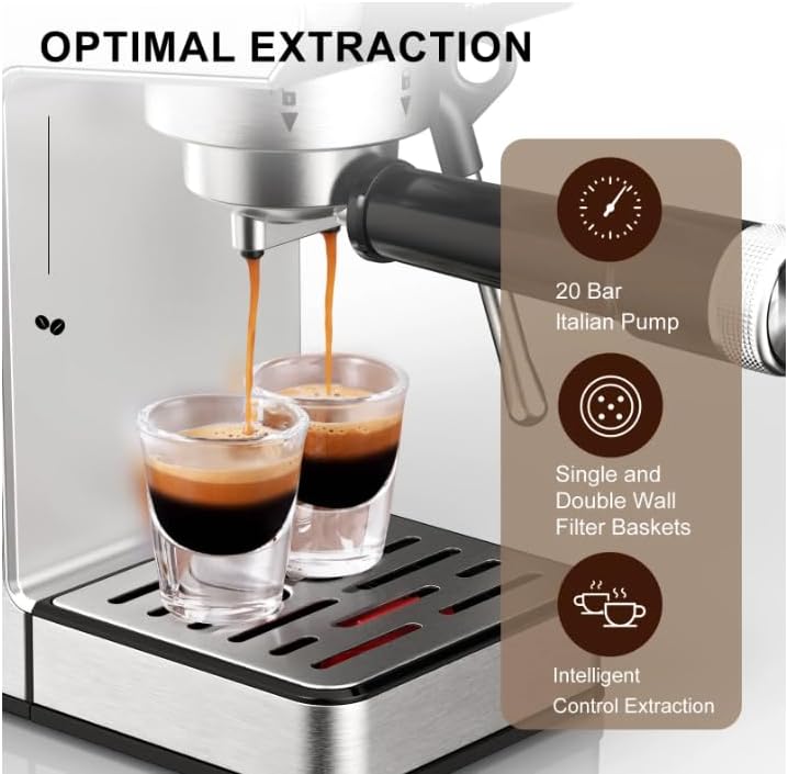 Close-up of espresso being extracted into two shot glasses, with text indicating 20 Bar Italian Pump, Single and Double Wall Filter Baskets, and Intelligent Control Extraction.