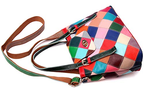 Segater® Women Multicolor Tote Bag Genuine Leather Colorful Square Stitching Handbag Purse Ladies Bohemian Design Handbag Vintage Patchwork Crossbody Bags #TOP4