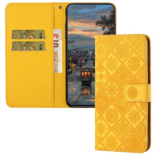 COTDINFOR Compatible with iPhone 14 Plus Case with Card Holder Leather Flip Folio Case Retro Embossing with Kickstand Magnetic Protective Cover Wallet Case for iPhone 14 Plus 6.7 inch Yellow XCM