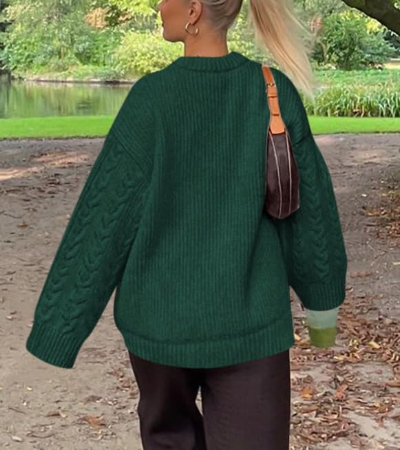 Okiwam Women's Oversized Sweaters Crewneck Cable Knit Pullover Casual Loose Fall Outfits Fashion Clothes 2025