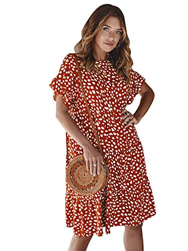 LANISEN Womens Summer Ruffles Boho Floral Printed Babydoll Loose Swing Tunic Dress Casual Short Mini T-Shirt Dress Orange L