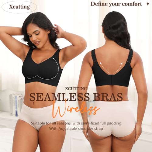 Image of Xcutting Plus Size Bras for Women No Underwire Full Coverage Everyday Bras | wireless,support lift,sagging breast bras for older women large breast,padded seamless,wide strap,sleep t shirt,comfortable