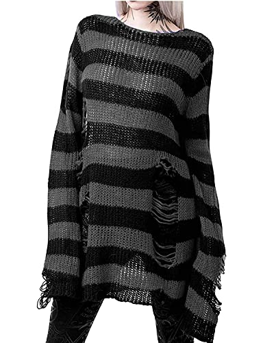 Women's See Through Hole Ripped Striped Long Knit Pullover Dress Sweaters Shirt2