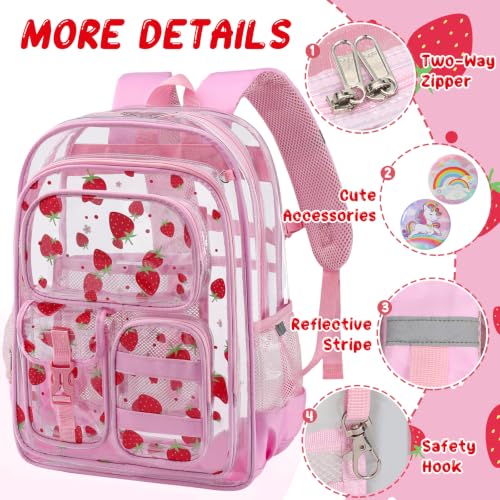 Image of Three-layer Clear Backpack, Heavy Duty Clear Bookbag for Kids, See Through Backpack Transparent Bag for Girls Boys (Strawberry PVC)
