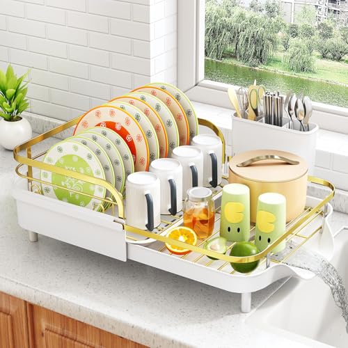 Image of SAYZH Dish Drying Rack - Expandable Dish Rack for Kitchen Counter, Rust-Resistant Dish Drainer with Utensil Holder and Raised Guardrail, Kitchen Organizer for Cup and Bottle (Gold)
