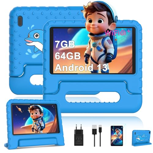 AOCWEI Tablet Niños Android 13, Tablet 7 Pulgadas |7GB RAM 64GB ROM Ampliable a 512GB |Kids Educativos |Control parenta l4 Core | WiFi 6 |Bluetooth 5.0|Dual Cámara |Funda EVA-Azul