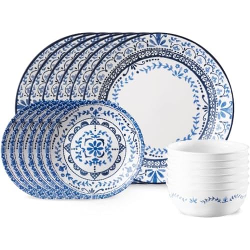 Corelle Vitrelle 18-Piece Service for 6 Dinnerware Set, Triple Layer Glass and Chip Resistant, Lightweight Round Plates and Bowls Set, Portofino