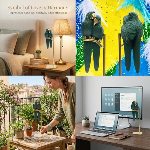 Love Birds Parrot Pair Showpiece | Resin Parrot Couple Figurine on Gold Finish Iron Stand | Vastu Feng Shui Bird Statue for Home Decor, Anniversary & Wedding Gift — photo — 6 of 9