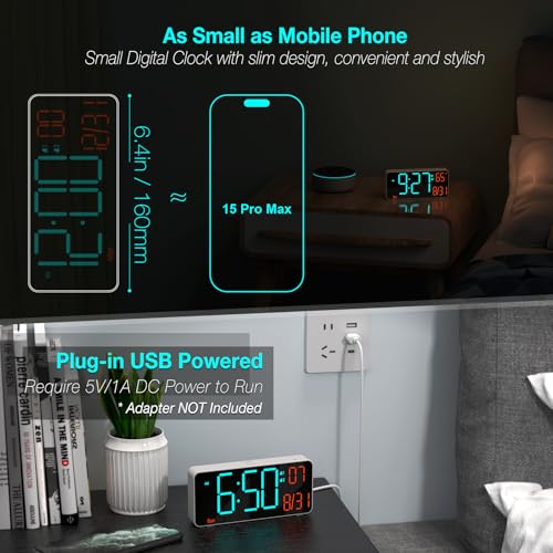 Image of KOSUMOSU Small Digital Clock for Bedroom, 6.7in Desk Clock, Auto Dimming, Room Temperature, Day of The Week, Date, Seconds, Alarm Clocks for Bedrooms, Clocks for Living Room