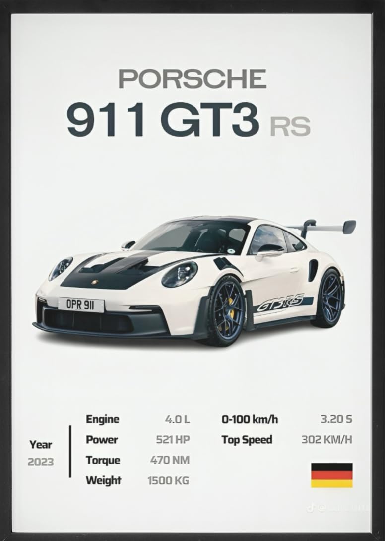 F4FRAME Iconic Super Car Porsche 911 GT3 Wall Decoration Art Framed Poster, Laminated Poster with 0.5 Inch Black Wooden Frame (Matte, 8X12)