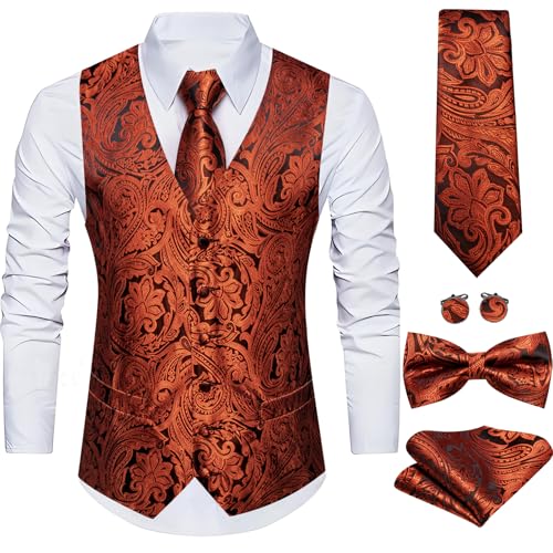 Image of Barry.Wang Men's Suit Vest Tie Bowtie Set Formal Silk Paisley Waistcoat Hanky Cufflinks Lapel Pin Set Wedding Party 7PCS