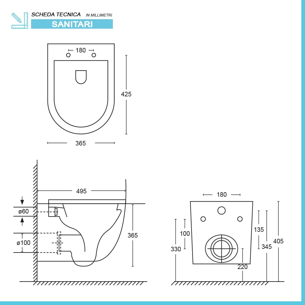 Sanitari sospesi TAO con risciacquo a vortice e copriwc soft-close, scarico universale a parete