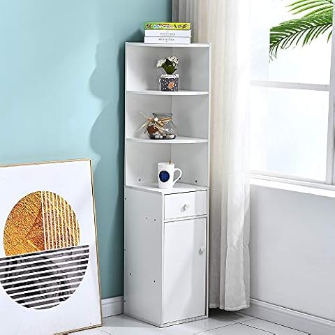 Huisen Furniture Corner Wood Bookcase Cabinet with Drawers and 3 Shelves Living Room Unit Storage Display Book Shelves Tall Slimline Bedroom Cupboard Sideboard for Small Dorm Apartment Cover