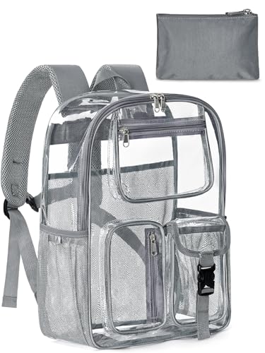 Image of Heavy Duty Clear Backpack For School, 17 Inch Clear Bookbag For Kids Boys Girls Women Men, Large See Through Backpack With An Extra Pouch Accessories, Multi-Pockets Tranparent Bag, Work, Grey