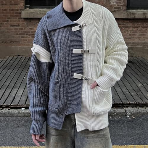 Men Contrast Color Patchwork Knitted Cardigan Buttons Lapel Tops2