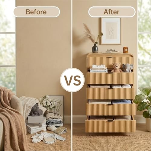 Image of FURSUN Fluted 5 Drawers Dresser for Bedroom, 48 inch Tall Wooden Modern Dresser with Metal Handle, Curved Profile Design, Storage Organizer for Bedroom, Living Room, Hallway, Natural Oak