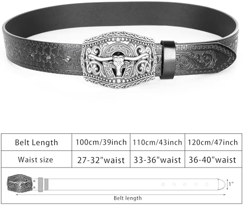 Image of UTOWO Western PU-Leather Cowboy Buckle Belt for Men and Women Jeans Engraved Floral Longhorn Bull Buckle Belt (25-38 inch waist)