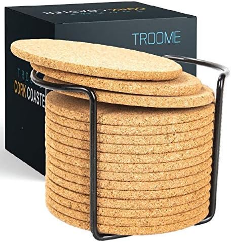 Cork Coasters 16 Pcs with Metal Holder (Designed in USA) Thick Absorbent Natural Rustic Bar Table Cup Coasters for Drinks Bar Glass