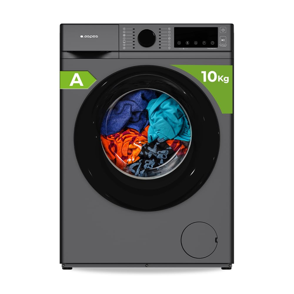 Aspes Lavadora 10 kg Carga Frontal, Inox, AL10401AIDVX. 1400 rpm, Motor Inverter, 14 Programas, Eco-logic System, Tambor Diamante, Clase de Eficiencia Energética A