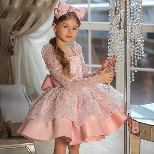 Sequin Flower Girl Dress Puffy Layers Birthday Party Dress with Sleeve Knee Length Princess Birthday Party for Girls TY123