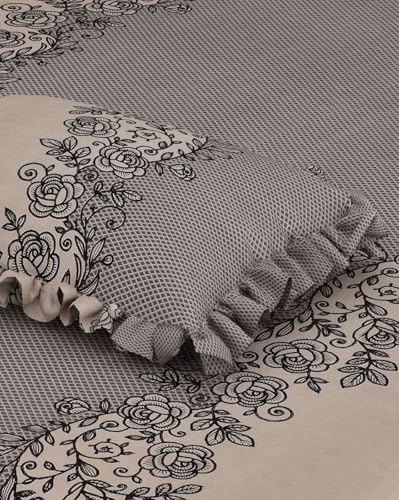 Image of 350 TC Premium Heavy Cotton Feel Elastic Fitted Bedsheet King Size with 2 Frill Pillow Covers King Size || Double Bed with All Around Elastic (Coffee Frill, Queen)