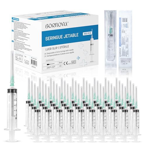 BORNOVA - 5 ML /100 Stück mit 21g Luer Slip (vorgemonteert) Flüssigkeitsspender aus hochwertigem Kunststoff geeignet für Flüssigkeitsmessungen. (5 ml / 100 Stück)