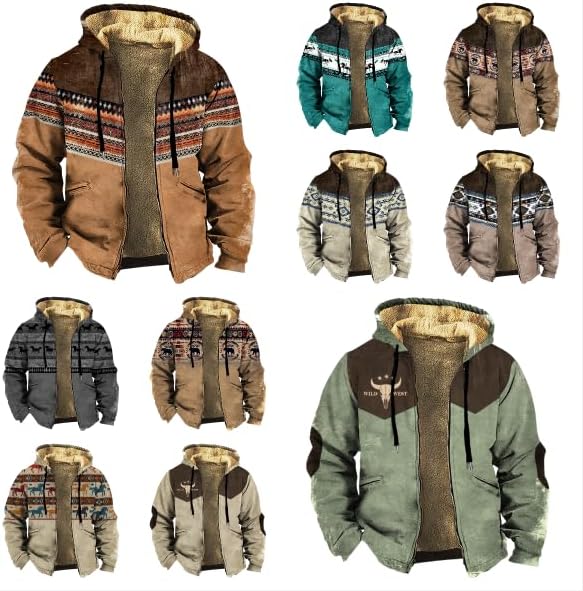 Men's Western Aztec Jackets Hooded Cowboy Hoodie Warm Full Zip Ethnic Vintage Long Sleeve Coat Fall Winter Tops - Image 3