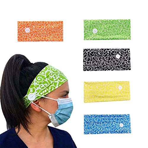 5PCS Button Headbands for Mask, Nurses, Doctors - Unisex Headbands with Buttons - Elastic Hair Bands - Medical Facemask Holder Protect Your Ears (5 Colors Family)