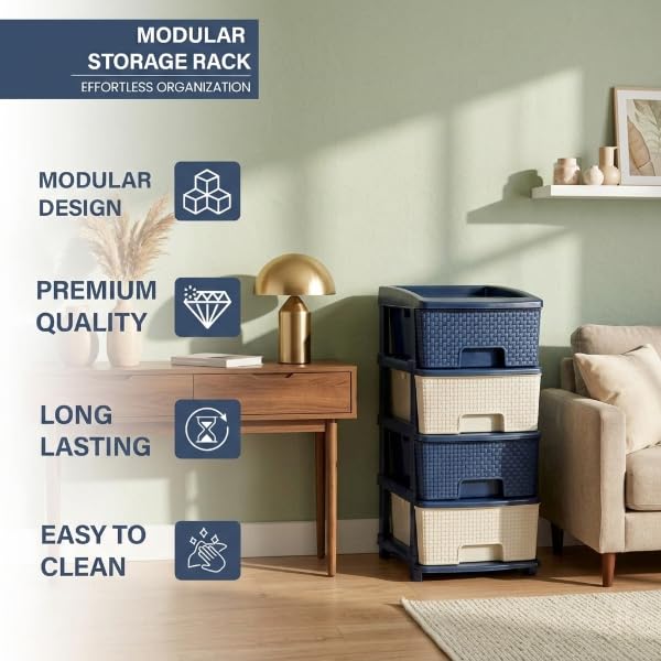 Image of KITCHIVO Plastic Modular Drawer Storage Chest Of Drawers Organizer Storage Box, Large Stomo Racks For Multipurpose Anti-slip Shoes Organizers (White & Blue, 4 Layer)