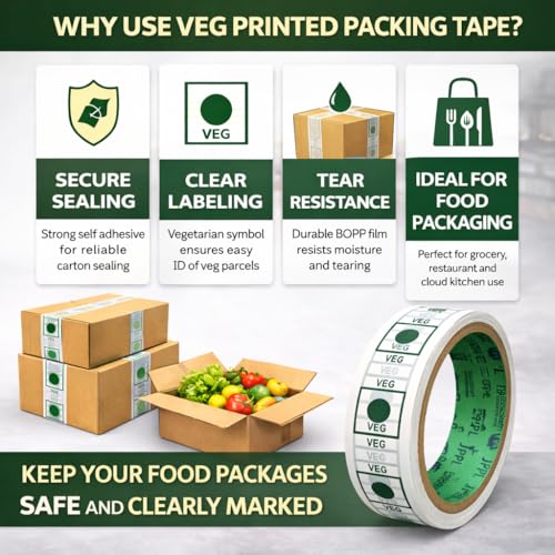 Image of Veg Tape Printed | 35 Meter in Length | Pack of 12 | 24 mm / 1 inch Width | Veg Printed Tape With Green Marking, Self Adhesive Tape for Packing Boxes