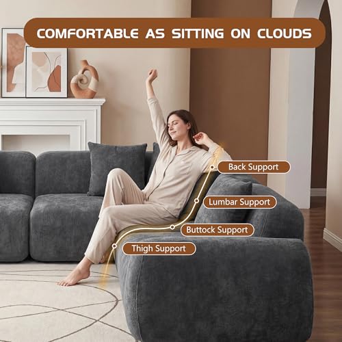 Image of KEIKI 118 inch Oversized Cloud Sectional Couches for Living Room, Comfy Velvet Curved Sectional Boneless L-Shape Chaise Sofa with Compression Memory Foam, No Assembly Modular Sofa for Home Space, Grey