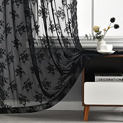 Kotile Black Floral Lace Curtains - 84 Inches Cover