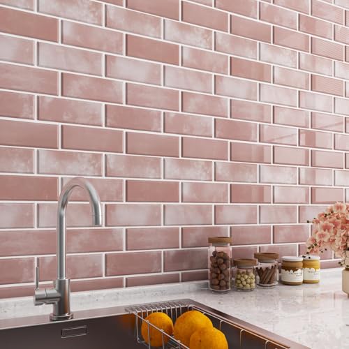 LaCheery Azulejos Adhesivos Cocina Rosa Pálido Baldosas Adhesivas Pared 3D Ladrillo Impermeable 4 Piezas 30.5cm x 30.5cm Azulejos Adhesivos Baño PVC Vinilico Marmol Vinilo Pared Cocina Autoadhesivo