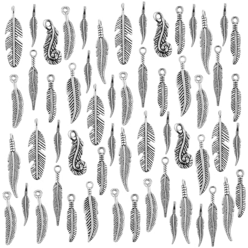 Exircy 120 Pcs Feather Charms 8 Styles Alloy Feathers Pendants Leaf Shape Antique Silver Charms for Jewelry Making Necklace Bracelets