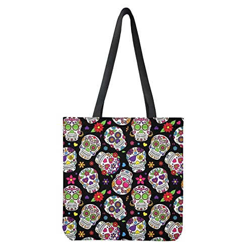 Dolyues Colorful Skull Canvas Shoulder Bag School for Women Men Large Capacity Handbag Tote Bag Foldable Reusable Shopping Bag for Grocery