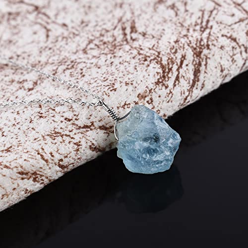 Odrilliongems Natural Raw Aquamarine Gemstone Pendant Necklace, Rough Stones And Crystals, 925 Sterling Silver, Rhodium Plated, March Birthstone, Women Jewelry, Christmas Gifts, Size 18" #TOP1