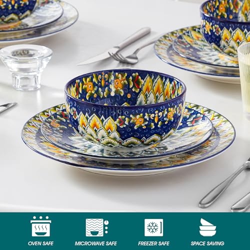 Image of vancasso 12 Pieces Dinnerware Sets, Blue Plates and Bowls Set, Porcelain Dishes Set for 4, Microwave and Dishwasher Safe, Scratch Resistant, Bohemian Style Dining Ware Service for 4, Series SIMI