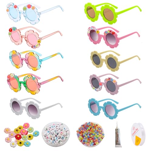 XIAONAN 14pcs Kids Sunglasses DIY Kit Kids Round Flower Sunglasses with 200 Random Letter Beads 50 Daisy Charms 40 Beads