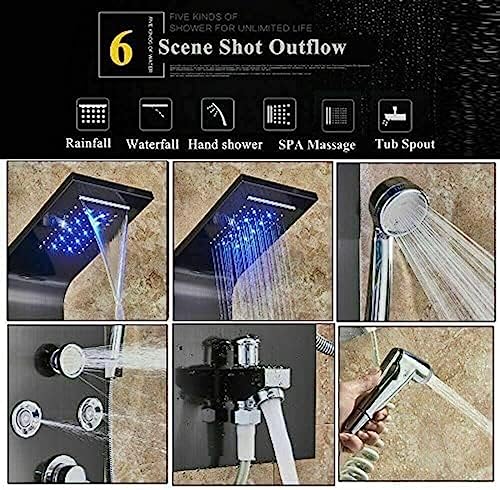 Sistema de Ducha, Torre de Panel de Ducha de Acero Inoxidable con Grifo LED, Sistema de Masaje y Chorro Lluvia - Acabado Niquel Cepillado (Modelos 8006L, 8009, 9001) y Negro (8009l) miniatura 4