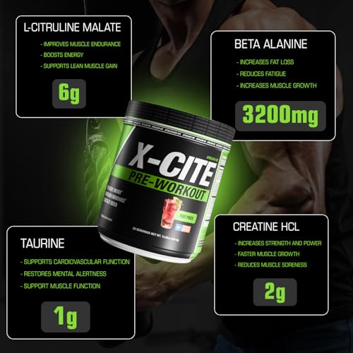 Image of X-CITE Pre-Workout by ATHLEAN-X - Enhanced Formula with Beta-Alanine, Creatine & Caffeine for Ultimate Energy, Endurance, Focus & Muscle Pump, NSF Certified for Sports (Fruit Punch)