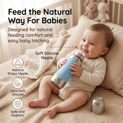 Image of StarAndDaisy Baby Milk Bottle for new Born /Infant /Toddler 240 ML SUS 304 Steel Baby Feeding Bottle for 0+ Months, BPA Free Leakproof, Anti Colic, Easy to Clean (Blue-240 ML)